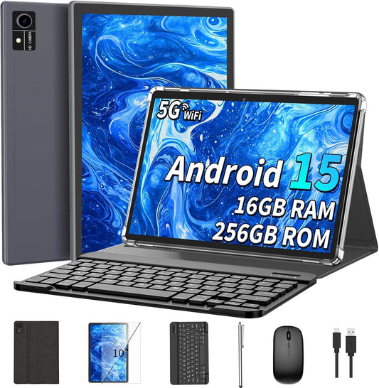 Android 15 Tablet with Keyboard, 16GB（8+8）RAM+256 Storage(Expand to 2TB), 8000mAh Battery, Widevine L1,10 Inch 2-in-1 Tablets with 5G/2.4G WiFi, BT5.0, GMS Certified, with Mouse, Case, Stylus（Black）