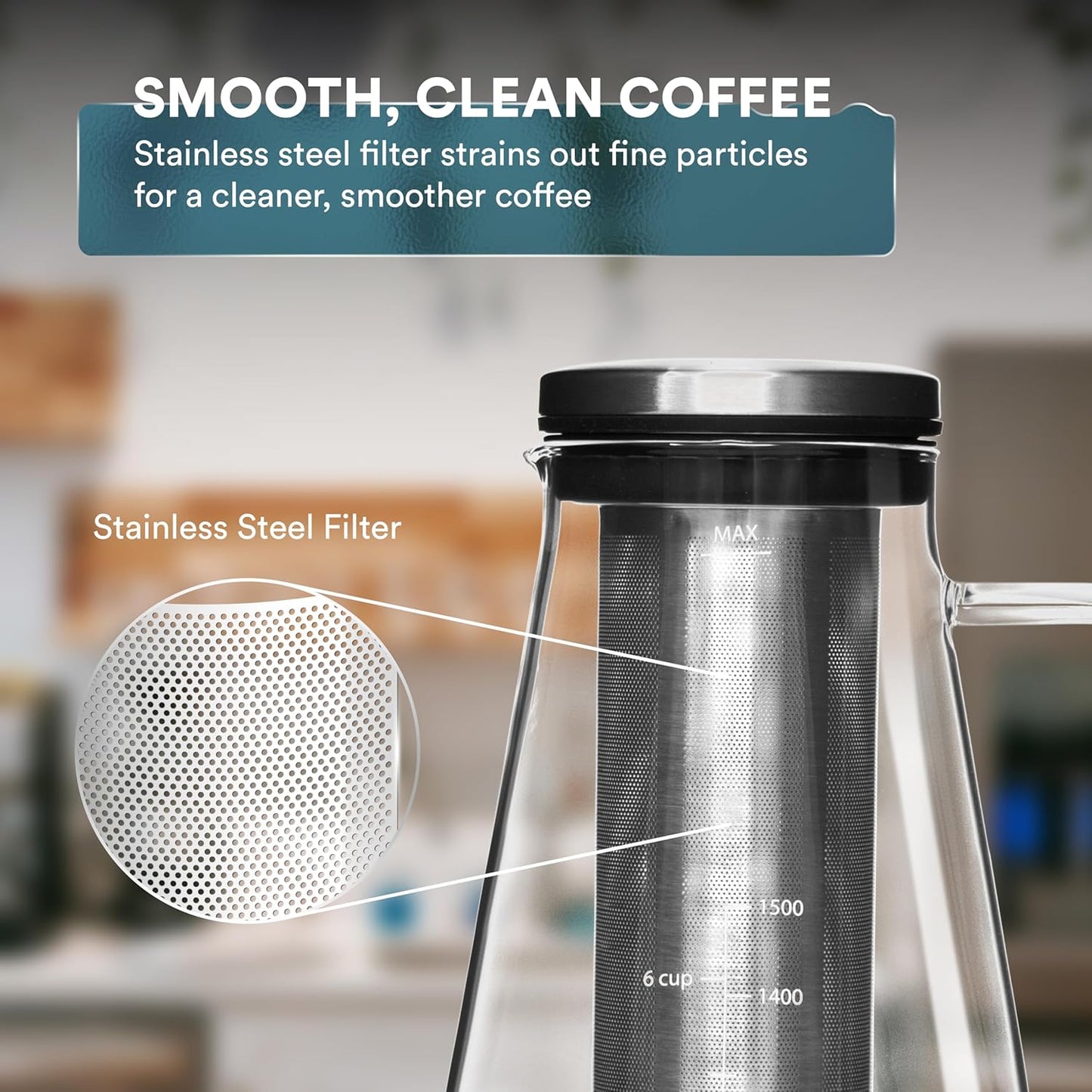 OVALWARE Airtight Cold Brew Iced Coffee Maker Pitcher (& Iced Tea Maker) with Spout – 1.5L/ 51oz Brewing Glass Carafe with Removable Stainless Steel Filter
