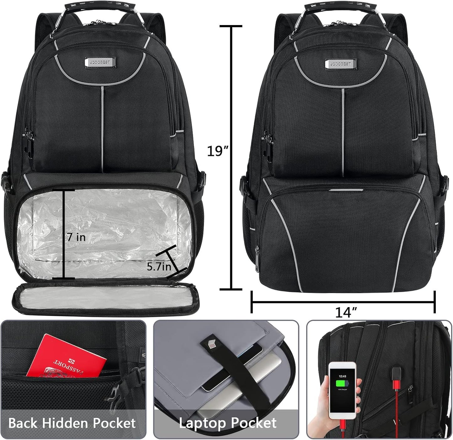 VECKUSON Lunch Bag Backpack, Insulated Cooler Lunch Box Backpack, Extra Large Travel Laptop Backpack TSA Friendly RFID Computer College bag with USB Port for Women Men Fits 17.3 Inch Laptop