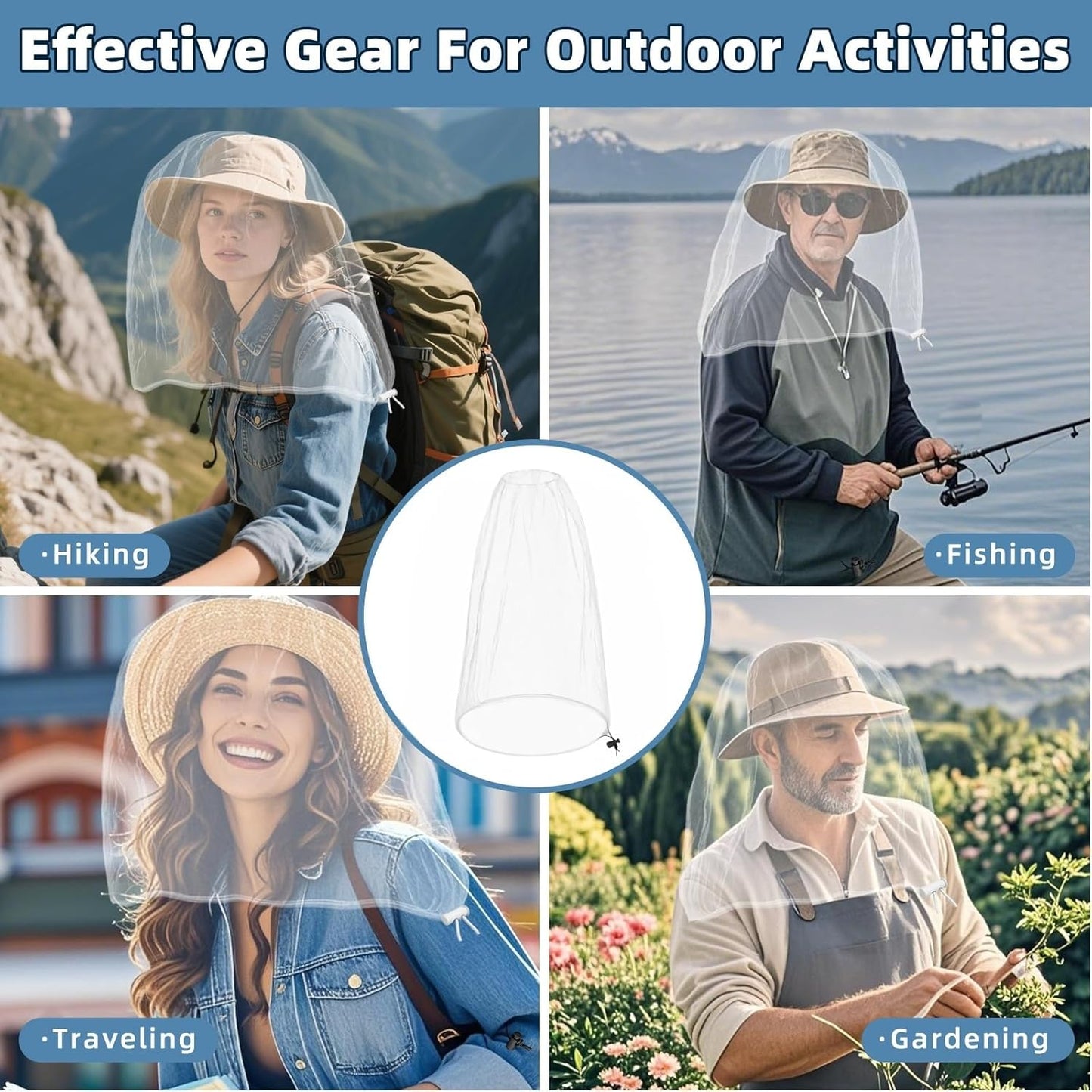 Oversized Mosquito Net 42 x 25 Inches Ultra Large Mosquito Head Net Face Neck Fly Mesh Netting Fits All Hats for Outdoor Camping Hiking Fishing Gardening Safari (White)