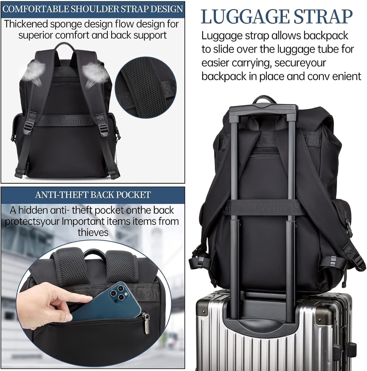 Black backpack for men, 16 inch laptop backpack with computer compartment, Drawstring slim waterproof tech backpack for travel, work, college or daily use, Large 30 L