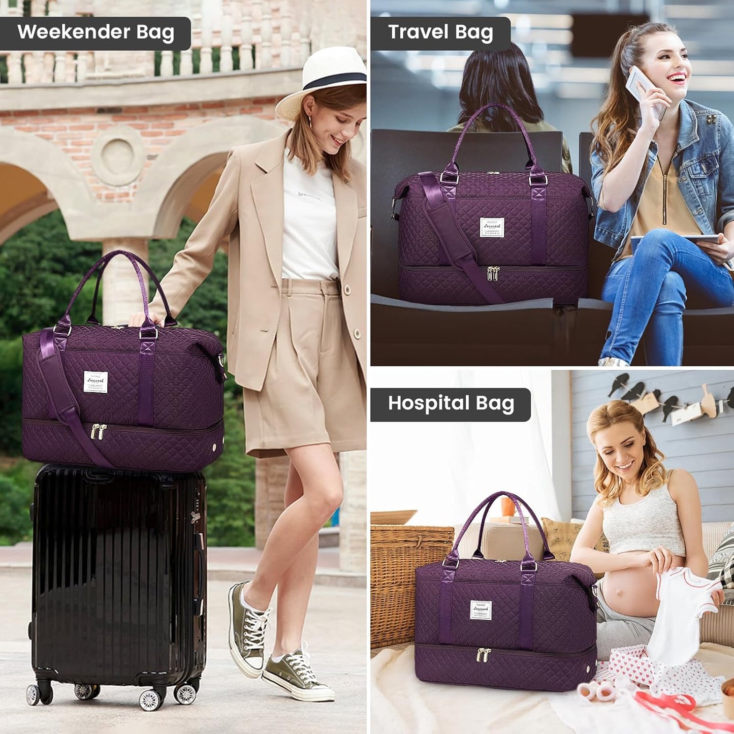 LOVEVOOK Travel Duffle Bag,Weekender Bags for Women with Shoe Compartment，Carry on Overnight Bag with Toiletry Bag,Gym Duffel Bag with Wet Pocket, Hospital Bags for Labor and Delivery