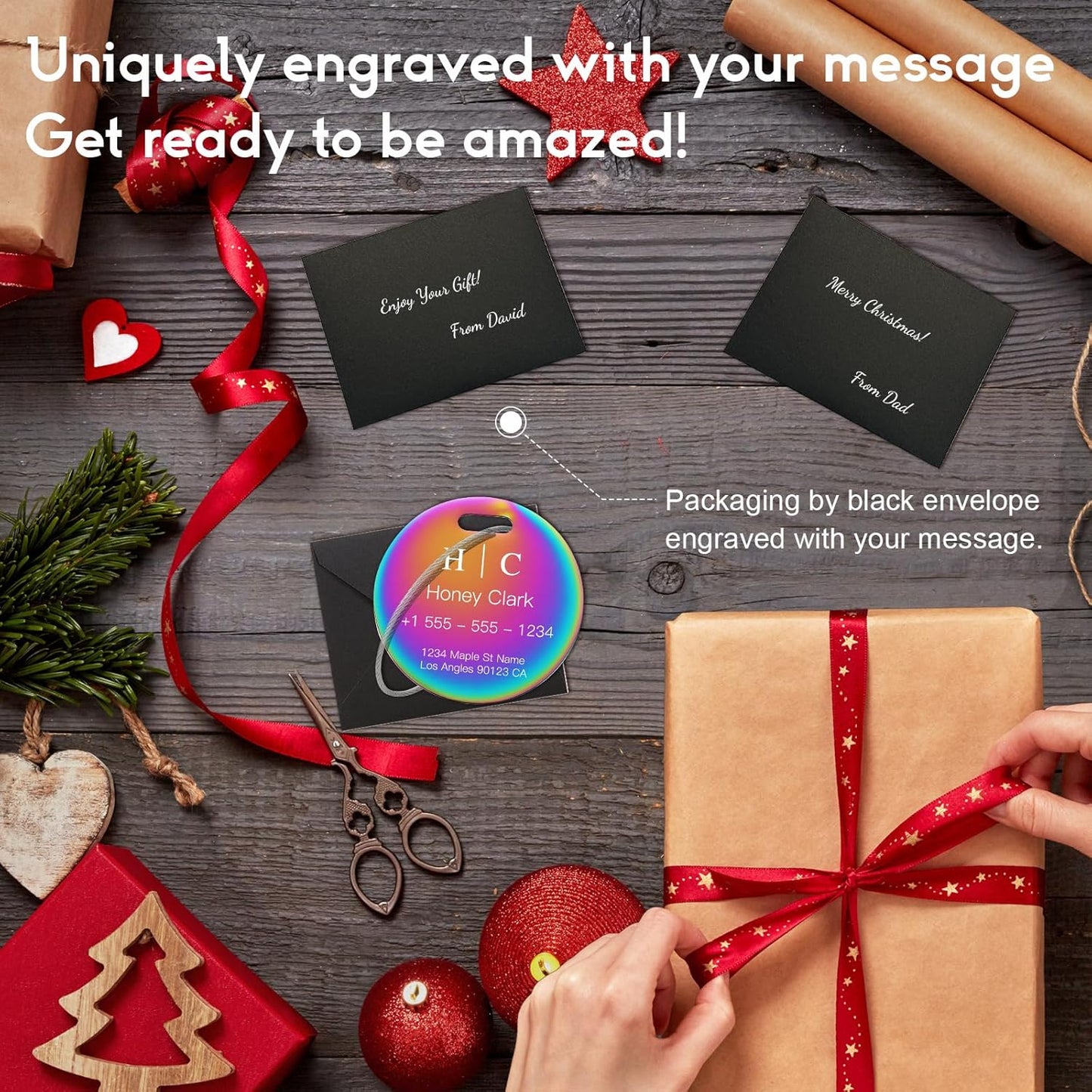 Stainless Luggage Tags for Suitcases 4 Pack: Metal Personalized Luggage Tags for Backpacks & Bags with Customizable Texts (Rainbow)