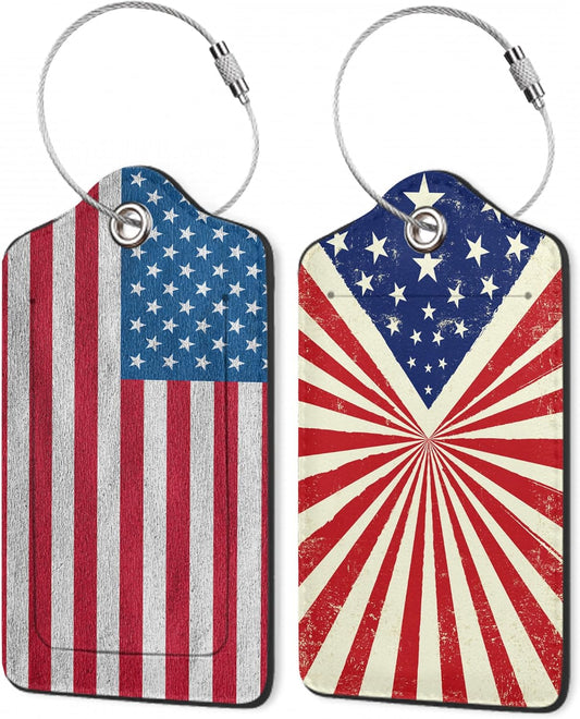 Luggage Tags for Suitcase,American Flag Luggage Tags of Set 2 Leather Identifiers Privacy Cover with Stainless Steel Loop for Women Men Travel Bag Suitcase