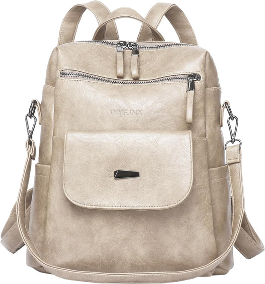 PU Leather Backpack Purse for Women Fashion Multipurpose Design Handbag Ladies Shoulder Bags Travel Backpack Beige