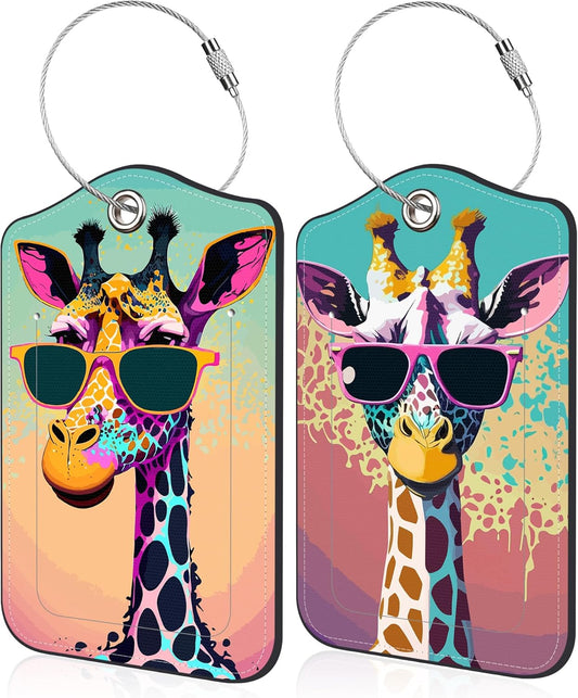 Luggage Tags for Suitcase Funny Giraffe Sunglasses 2 PCS Leather Travel Luggage Tag with Stainless Steel Loop Name ID Label Privacy Cover for Women Men Travel