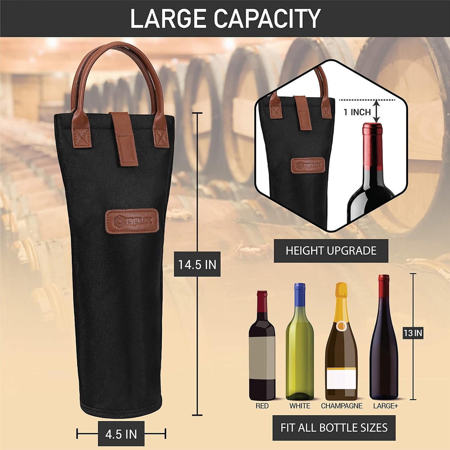 opux Wine Bag Single Bottle Carrier Tote, Insulated Travel Wine Cooler Bag for Picnic Beach Gift, Thermal Padded Portable One Bottle Holder Carrying Case for Women Men Wine Lovers, Black
