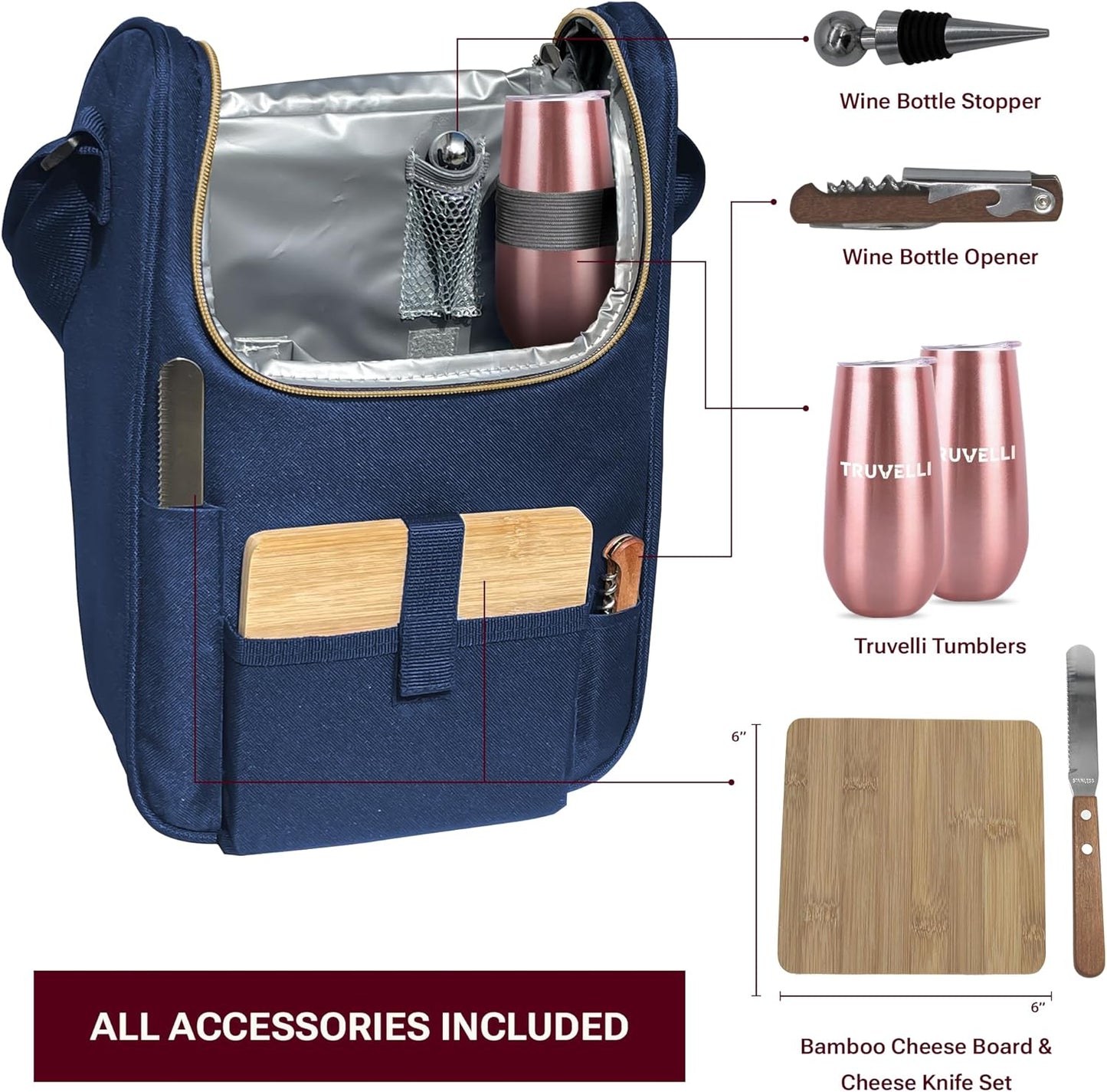 Truvelli Plush Picnic Premium Wine Bag, 7-in-1 Insulated 2 Bottle Wine Carrier Tote, Wine & Cheese Cooler Bag, Great Gifts for Wine Lovers (Deep Blue)