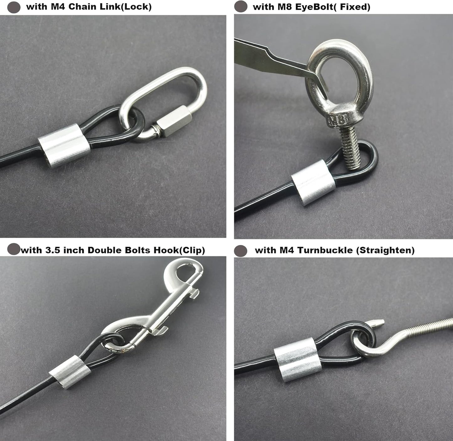 5 Pcs 4mm Wire 48 inch Vinyl Coated Stainless Steel Cable with Loops Short Wire Rope Lanyard Lock Security Chain Link for Outdoor Gates, Black(4mm x 48inch)