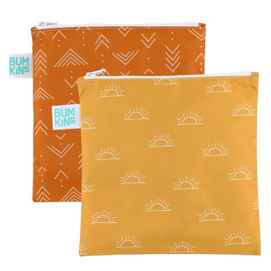 Bumkins Reusable Sandwich and Snack Bags, for Kids School Lunch and for Adults Portion, Washable Fabric, Waterproof Cloth Zip Bag, Travel Pouch, Food-Safe Storage, Large 2-pk Desert Boho