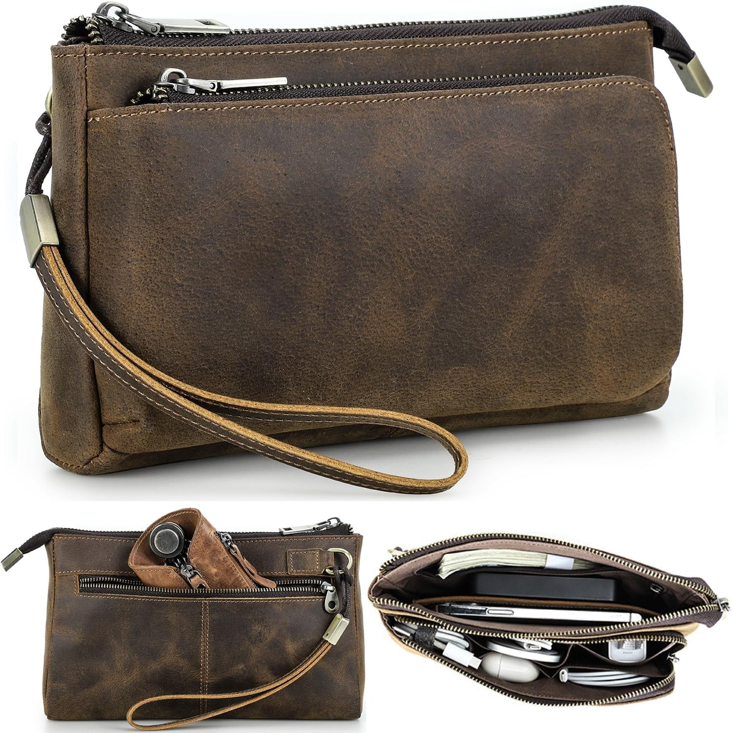 Electronic Organizer Zipper Bag Tech Kit, Top Grain Leather Handmade, Portable Compact Travel Apple Accessories Storage Pouch Fits Phone, USB Cables, Power Banks, Chargers, Hard Drive