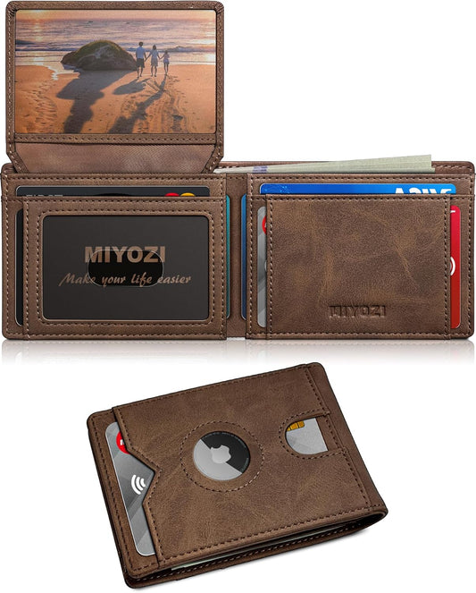 Airtag Wallet for Men,with Cash Pocket 2 ID Window 13 Cards,Slim Leather Wallet Front Pocket Card Holder RFID Blocking with Gift Box