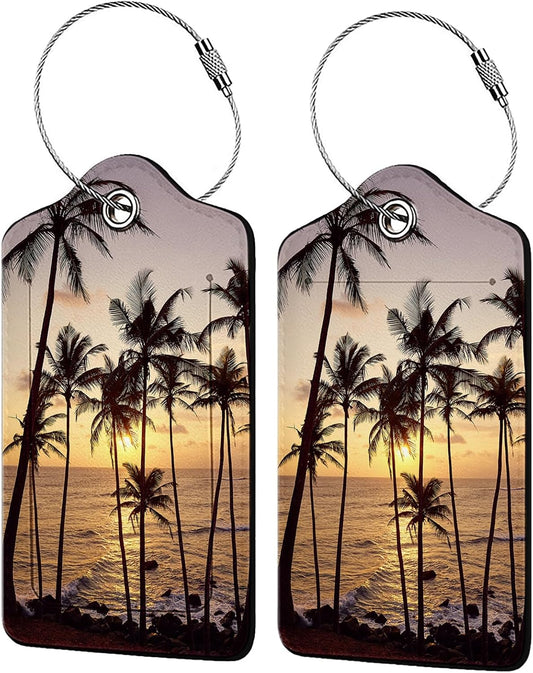 Sunset with Coconut Trees 2 Pack Luggage Tag for Suitcase, Cute Unique Leather Bag Tags Identifiers Privacy Cover ID Label with Steel Loop for Women Men Kids Girls Travel