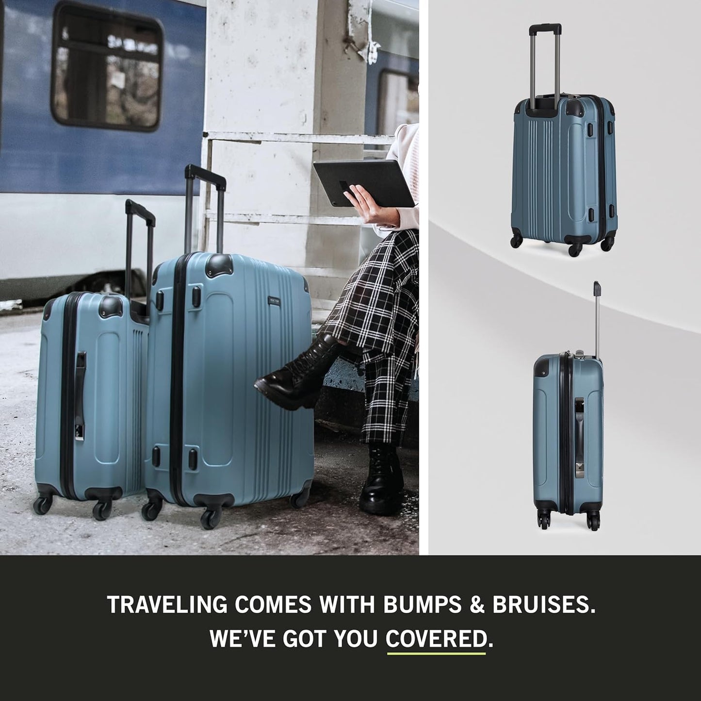 Kenneth Cole REACTION Out of Bounds Lightweight Hardshell 4-Wheel Spinner Luggage, Granite Blue, 24-Inch Checked