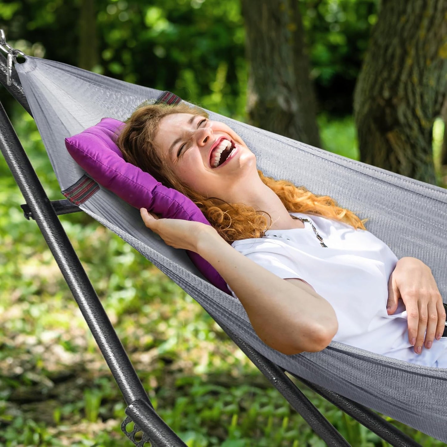 Tranquillo Universal Double Hammock with Stand Included for 2 Persons/Foldable Hammock Stand 600 lbs Capacity Portable Case - Inhouse, Outdoor, Camping, Grey