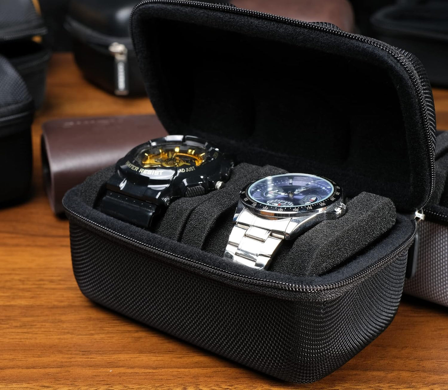 Hard Compact Watch Roll travel case, 2 Slots Portable holder and Organizer with Soft Pillow, keep watch from moving(fit up to 55 mm)
