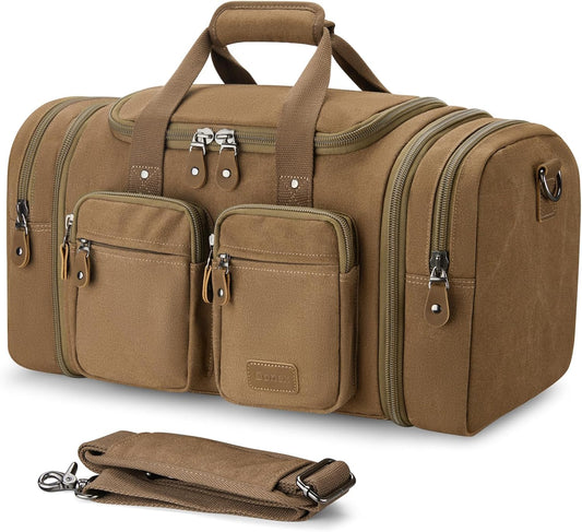 Gonex Canvas Duffle Bag for Travel, Expandable Water Resistant 50L Carry on Duffel Overnight Weekender Gym Bag with Wet Dry Separation Pocket & Suitcase Handle Sleeve,Coffee