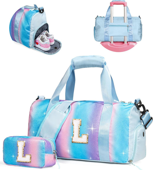 Kindergarten Gift Ideas-Girl Gym Bag with Shoe Compartment, Kid Personalized Weekender Overnight Bags, Initial Travel Tote with Makeup Pouch, Niece Girls Birthday Gift (Letter L)