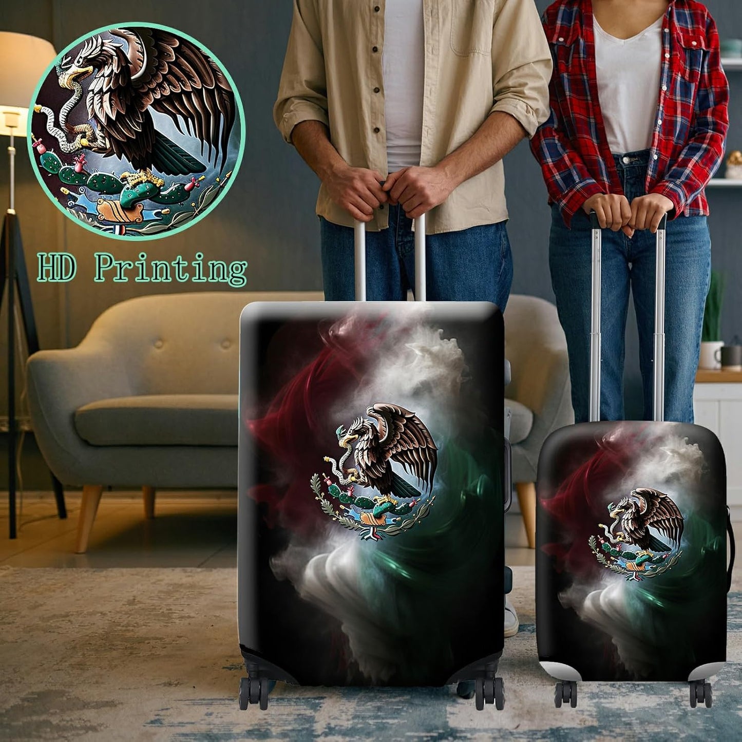 Luggage Cover + Tag, Mexican Flag Eagle Travel Suitcase Protector for 22-24 inch Luggage (M) with Concealed Zipper, Washable Elastic Cloth, Dustproof, Anti-Scratch