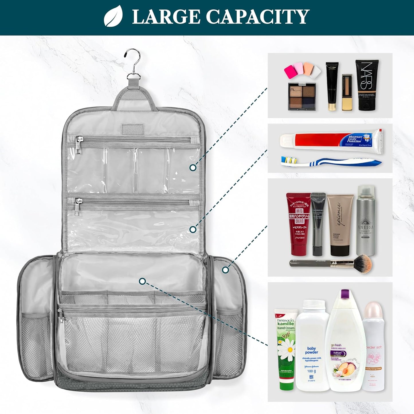 PAVILIA Large Hanging Toiletry Bag Travel Bag Women Men, Cosmetic Organizer, Water Resistant Makeup Bag Accessories Toiletries, Travel Essentials Kit, Grey