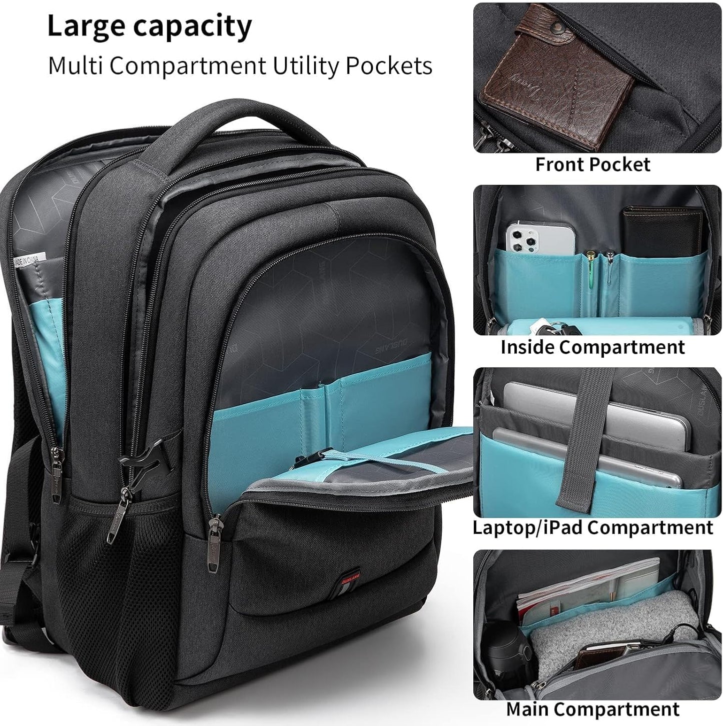 DUSLANG 17 Inch Laptop Backpack for Travel Water Resistant College Backpack for Men/Women Laptop Bag with USB Charging Port,Black