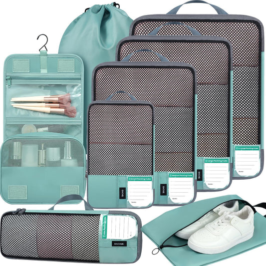 BAGAIL 4 Set/6 Set/8 Set Compression Packing Cubes Travel Accessories Expandable Packing Organizers(HalfMesh,8-DustyBlue)