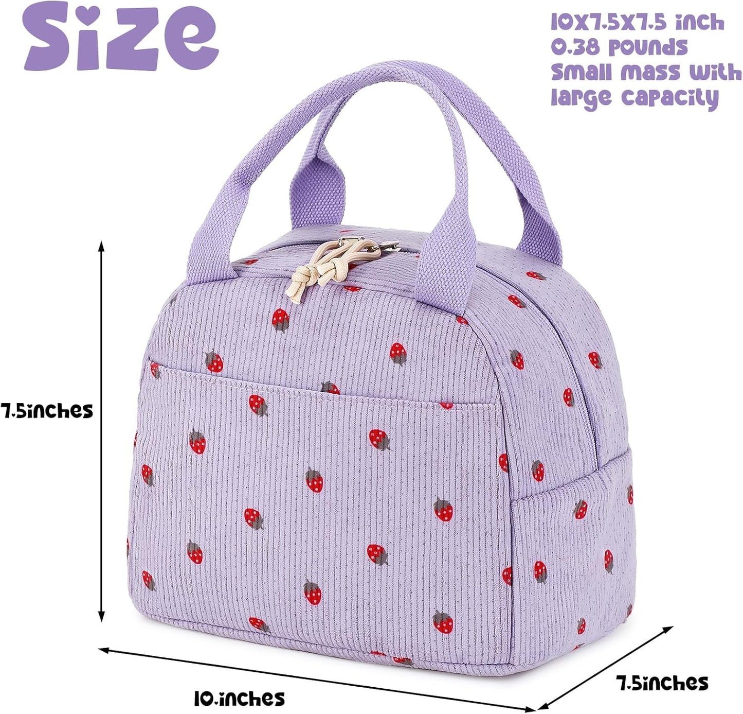 Bluboon Lunch Bag for Women Men Cute Corduroy Lunch Tote Bags Reusable Insulated Lunch Box Large Capacity Reusable Insulated Cooler for Work Picnic or Travel (Corduroy strawberry purple)