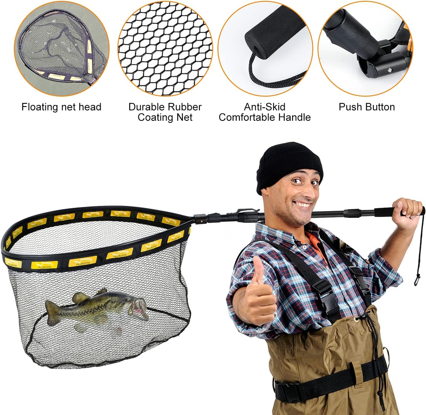 PLUSINNO Floating Fishing Net for Steelhead, Salmon, Fly, Kayak, Bass, Trout Fishing, Catfish, Rubber Coated Landing Net for Easy Catch & Release for Easy Transportation & Storage