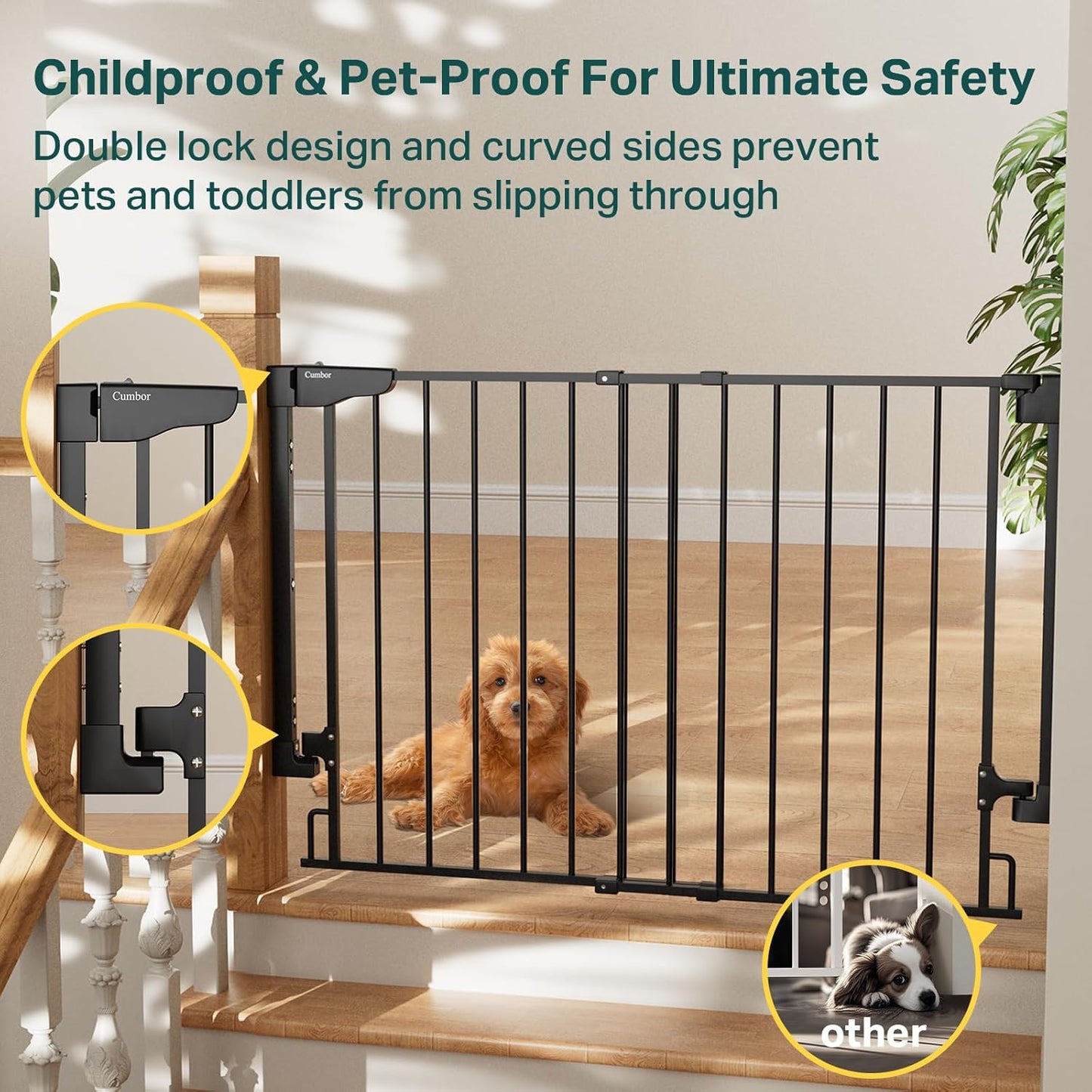 Cumbor 29.2–43" Baby Gate for Stairs, Wall-Mounted (Drill Required), Expandable No Bottom Bar Dog Gate, Auto Close Extra Wide Walk Thru, Pet & Toddler Proof Gate, Top & Bottom of Stairways(Black)