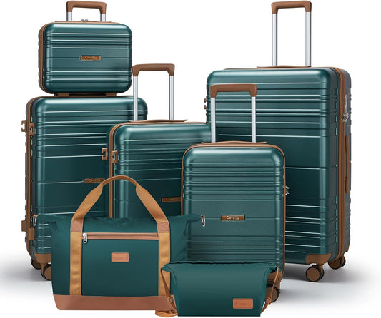 Luggage Sets with spinner wheels, PC+ABS Hard Shell Travel Luggage,Lightweight Carry-on suitcases with TSA Lock,YKK Zippers (Gark Green, 7 piece sets（14/18/20/24/28/DB/TB）)