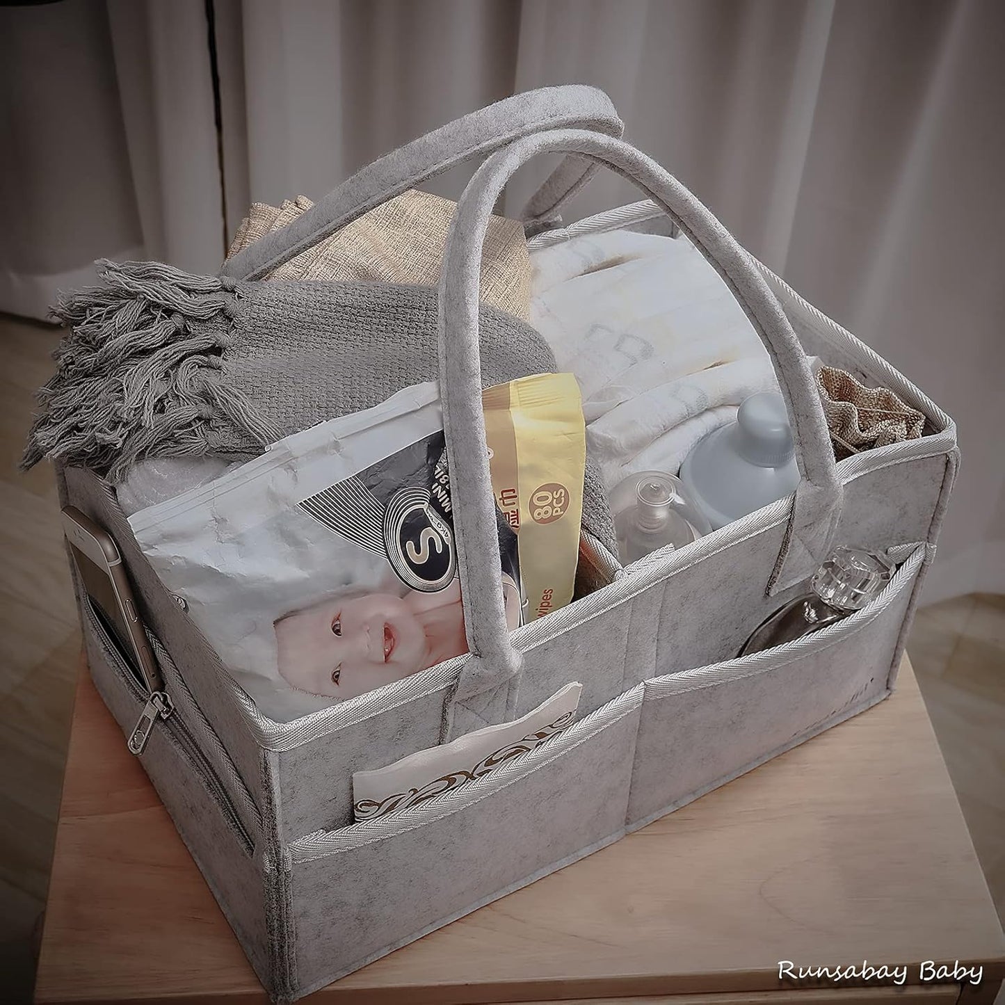 Runsabay. Nursery Basket-Baby Diaper Caddy Organizer for Changing Table-Portable Holder Tote Bag-Car Organizer with Removable Divider-Best Shower Gift Basket for Newborns Registry- Grey & Large Size