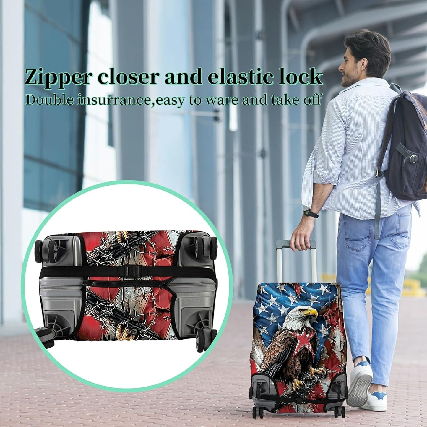 Luggage Cover + Tag, Eagle American Flag Travel Suitcase Protector for 18-20 inch Luggage (S) with Concealed Zipper, Washable Elastic Cloth, Dustproof, Anti-Scratch