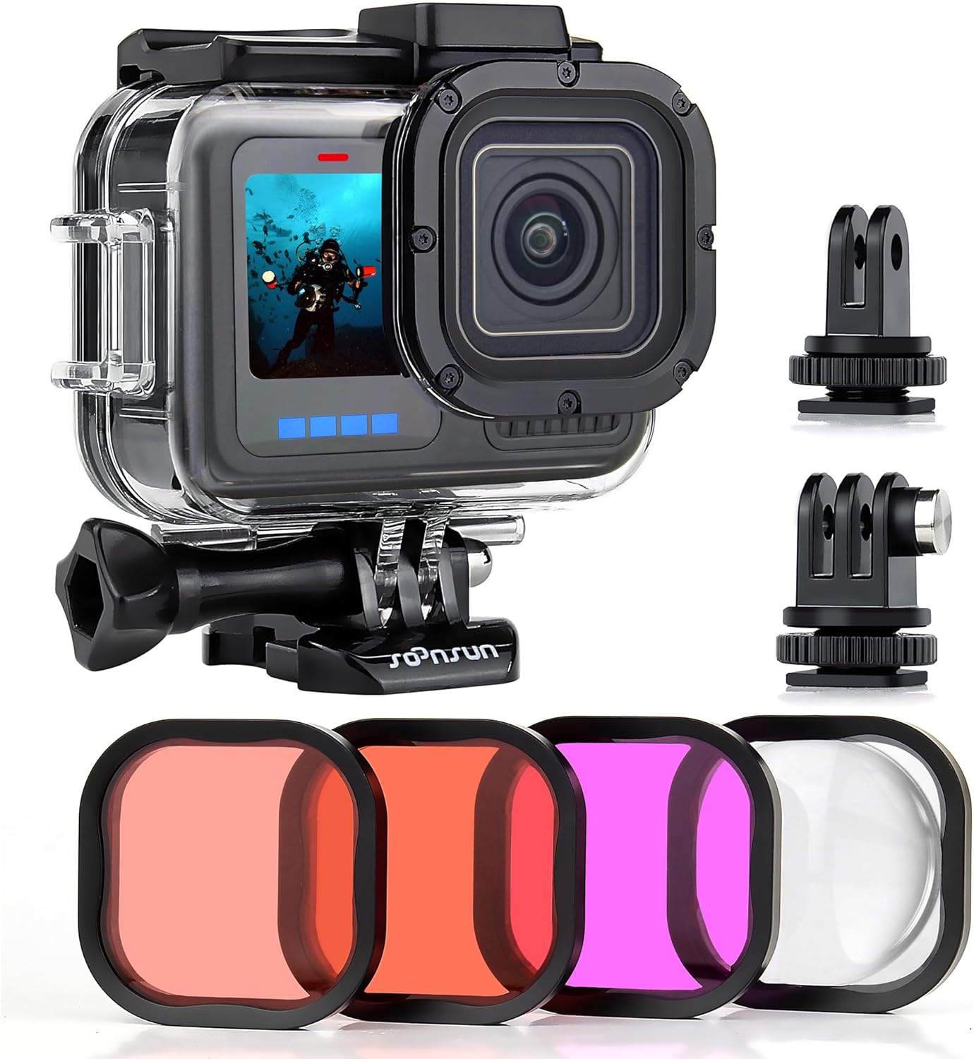 SOONSUN Waterproof Case with Dive Filters for GoPro Hero 13/12 / 11/10 / 9 Black, 196 Feet Underwater Protective Dive Housing Case with Red, Light Red, Magenta, 5X Close-up Macro Filters