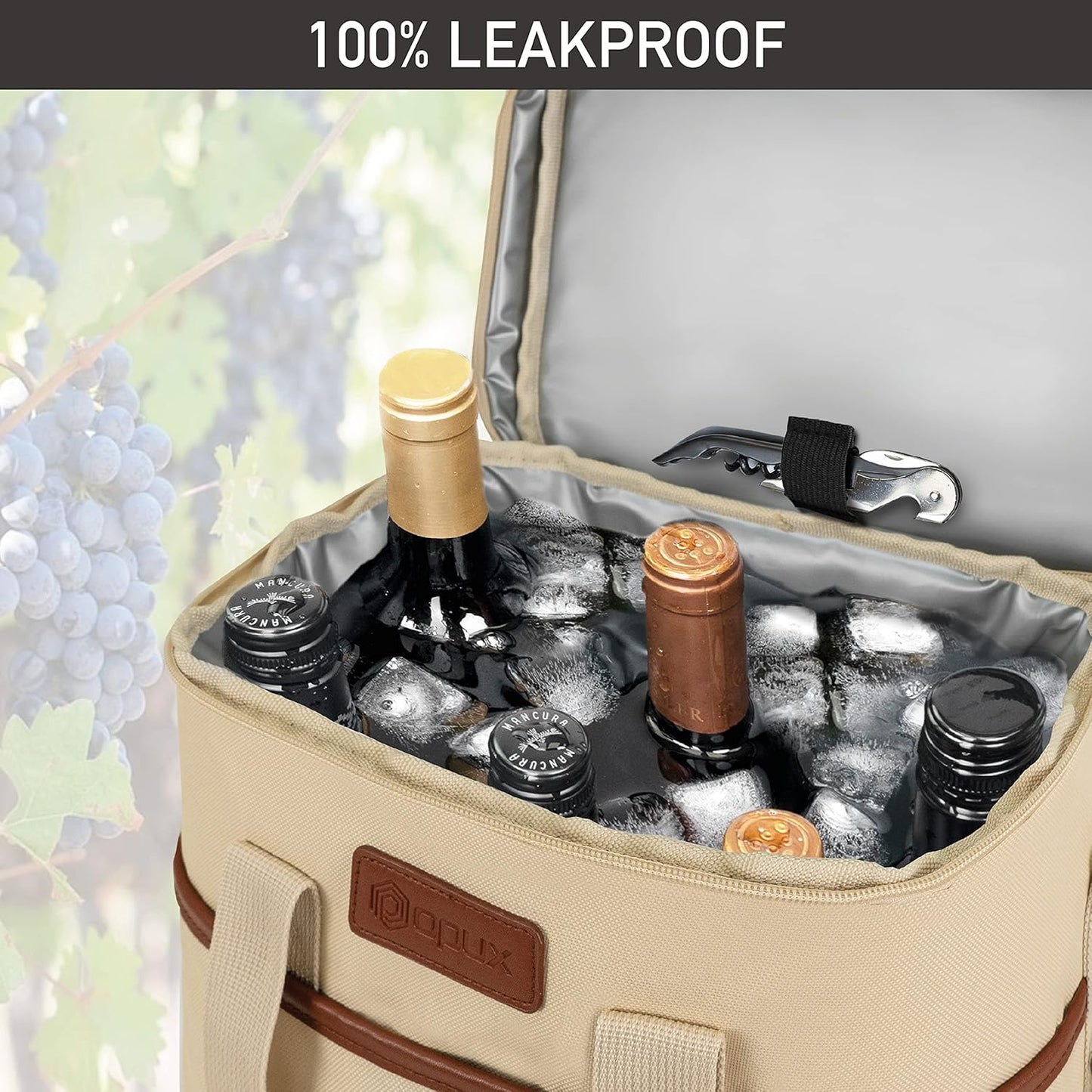 Opux 6 Bottle Carrier Tote | Insulated Padded Cooler Bag for Travel, Picnic, BYOB | Portable Leakproof Wine Tote for Dinner, Party, Christmas, Gift for Women, Men (Cream Beige)