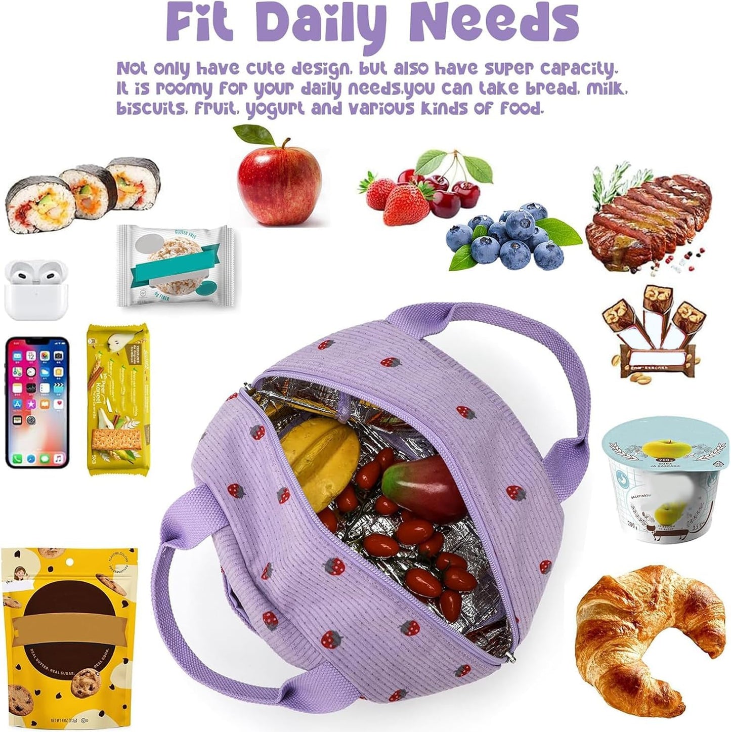 Bluboon Lunch Bag for Women Men Cute Corduroy Lunch Tote Bags Reusable Insulated Lunch Box Large Capacity Reusable Insulated Cooler for Work Picnic or Travel (Corduroy strawberry purple)