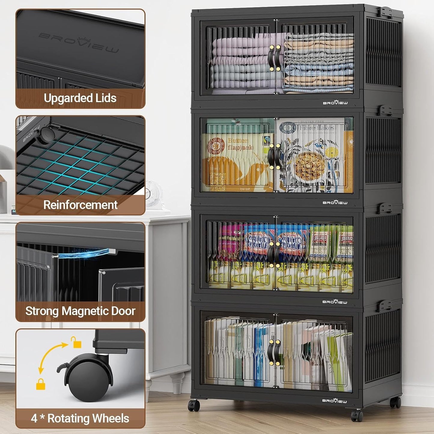 BROVIEW 300Qt Stackable Storage Bins with Lid, Extra Large Closet Organizer Collapsible Drawer Boxes with Wheels, Folding Plastic Cabinet Containers for Home Kitchen Room Organization, 3Pack Black