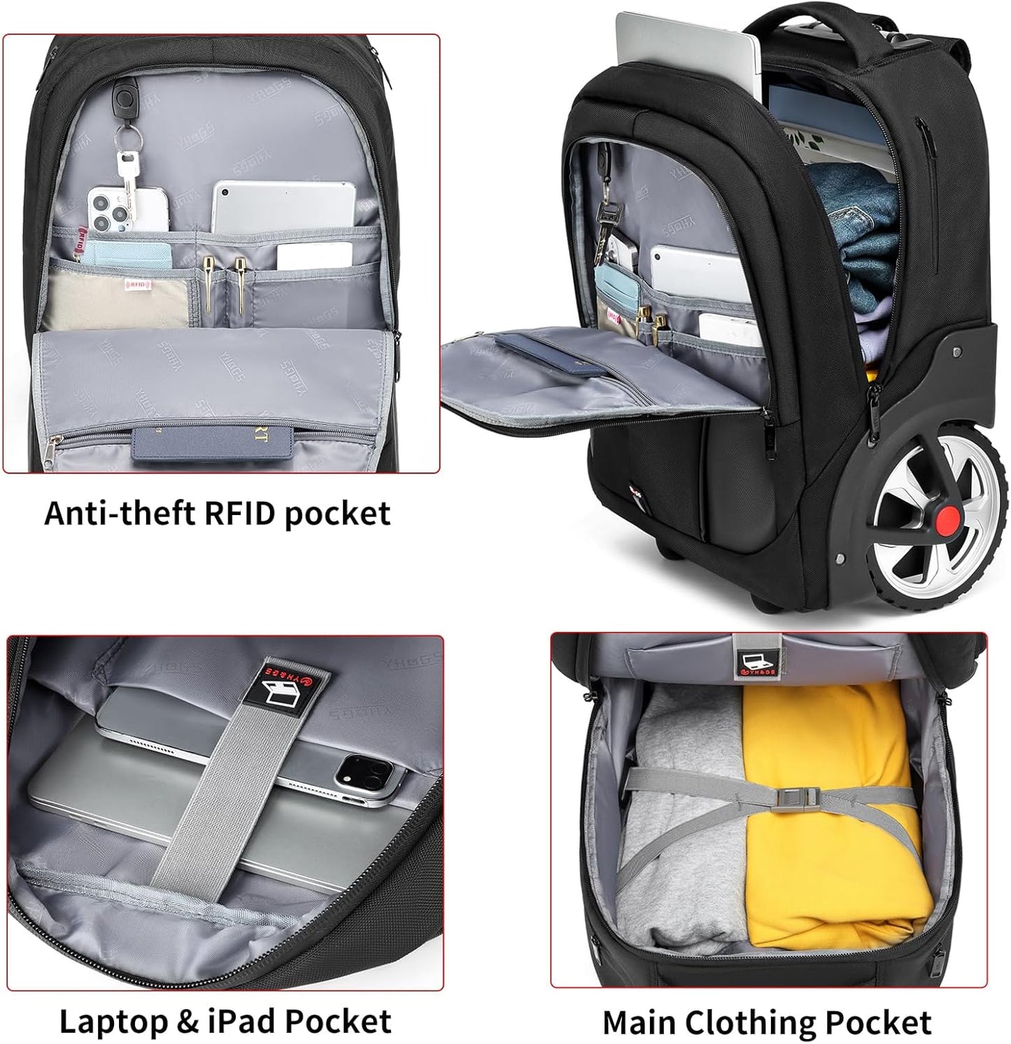 Rolling Backpack,Waterproof Backpack with Wheels for Business and Travel Commuter, Carry on Backpack with Laptop Compartment, Fit 15.6 Inch Laptop, Wheeled Backpack for Adults, 18Inch