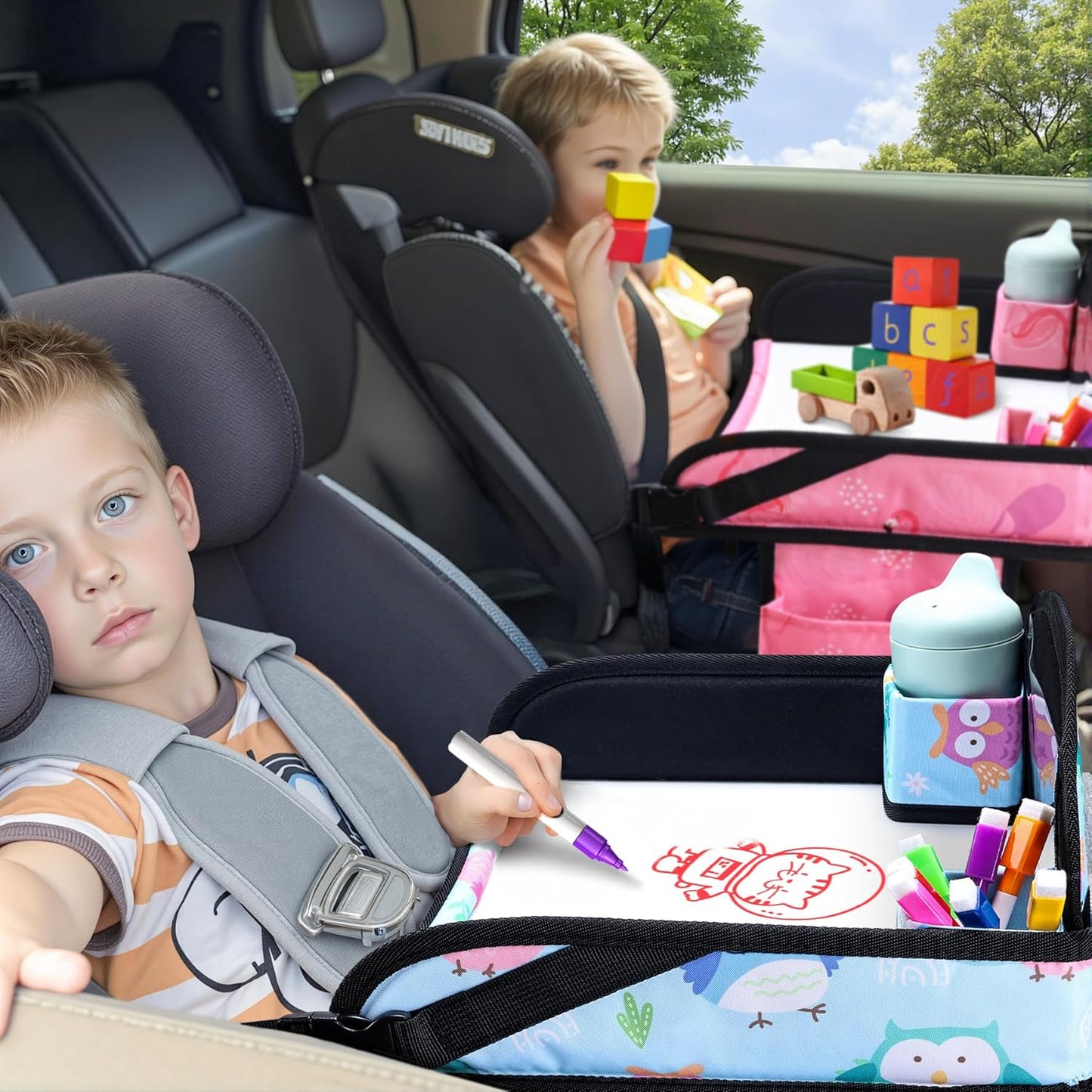 2PCS Kids Travel Tray, Car Seat Tray for kids Travel, Toddler Road Trip Essentials With Drawing Kit, Toddler Lap Desk Organizer for Car, Carseat Table for Airplane