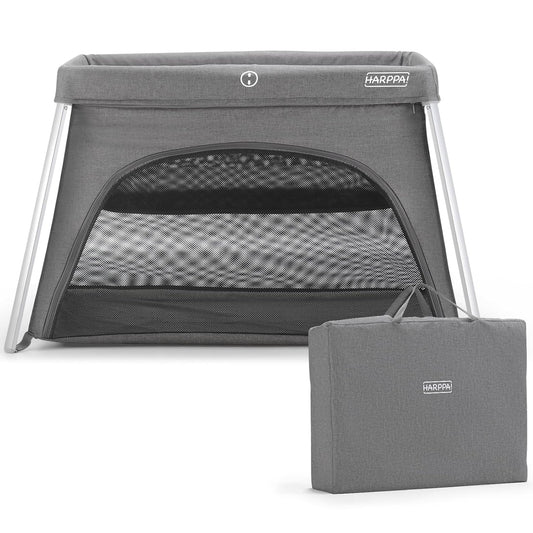 HARPPA Travel Crib with Comfy Mattress, Lightweight Portable Crib Requires No Assembly, Foldable Pack and Play for Baby and Toddlers, Compact Play Yard with Bed,Gray
