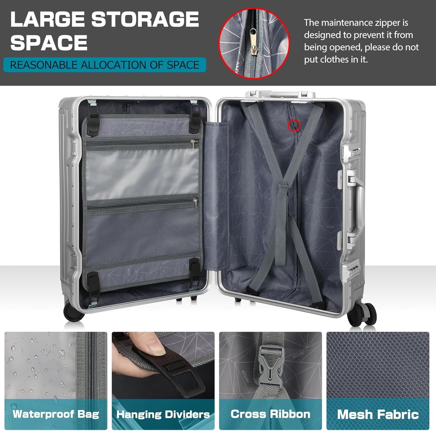 AnyZip Luggage Aluminium Frame Suitcase Hard Shell TSA Lock No Zipper 28In Silver