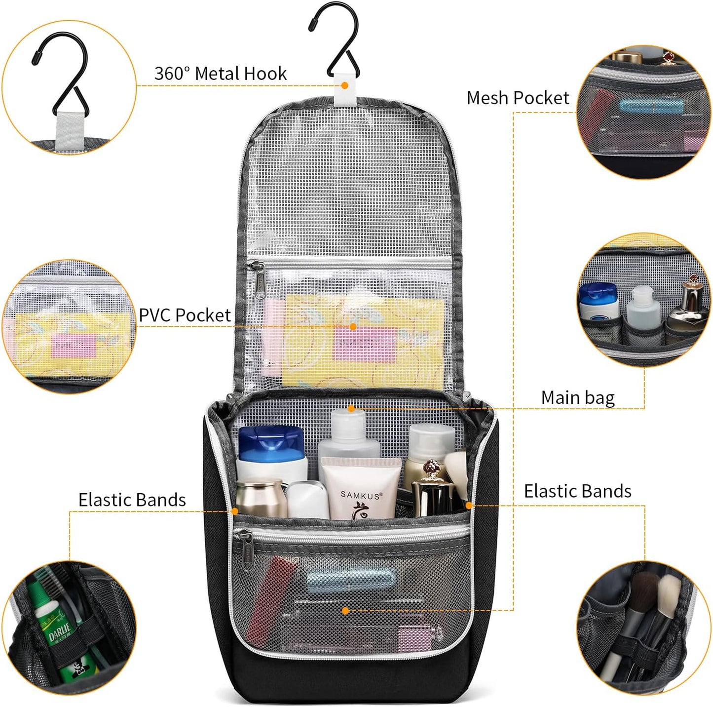 Della Gao Black Water Repellent Polyester Hanging Toiletry Bag for Travel
