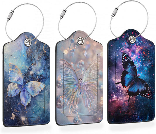 Starlit Crystal Butterfly PU Leather Luggage Tags for Suitcase, Travel Cruise 3 Pack with Privacy Flap, Name ID Label and Metal Loop for Women Men Girls Baggage Bag Backpack