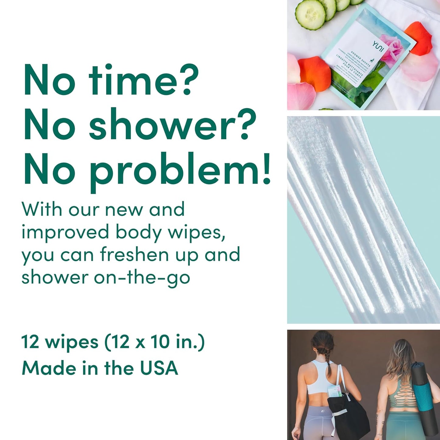 YUNI Beauty Large Body Wipes - Rose Cucumber, 30 Count - Moist Showerless Wipes, Cleanse & Deodorize, On-the-Go Waterless Body Cleanser, Individually Wrapped for Camping, Travel & Gym
