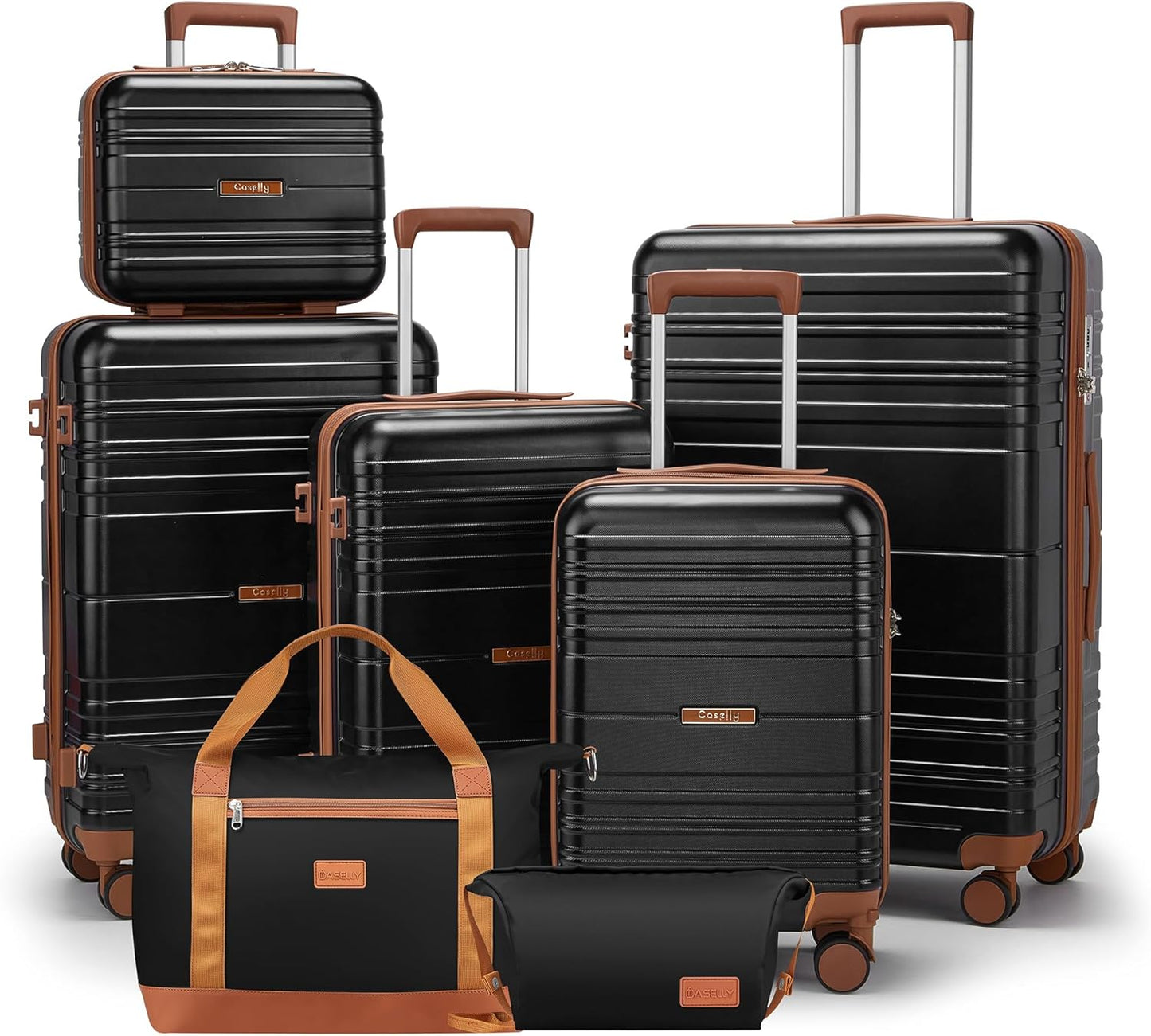 Luggage Sets with spinner wheels, PC+ABS Hard Shell Travel Luggage,Lightweight Carry-on suitcases with TSA Lock,YKK Zippers (Black, 7 piece sets（14/18/20/24/28/DB/TB）)