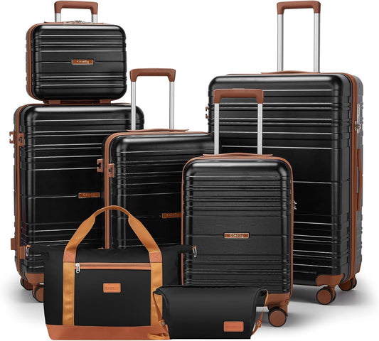 Luggage Sets with spinner wheels, PC+ABS Hard Shell Travel Luggage,Lightweight Carry-on suitcases with TSA Lock,YKK Zippers (Black, 7 piece sets（14/18/20/24/28/DB/TB）)