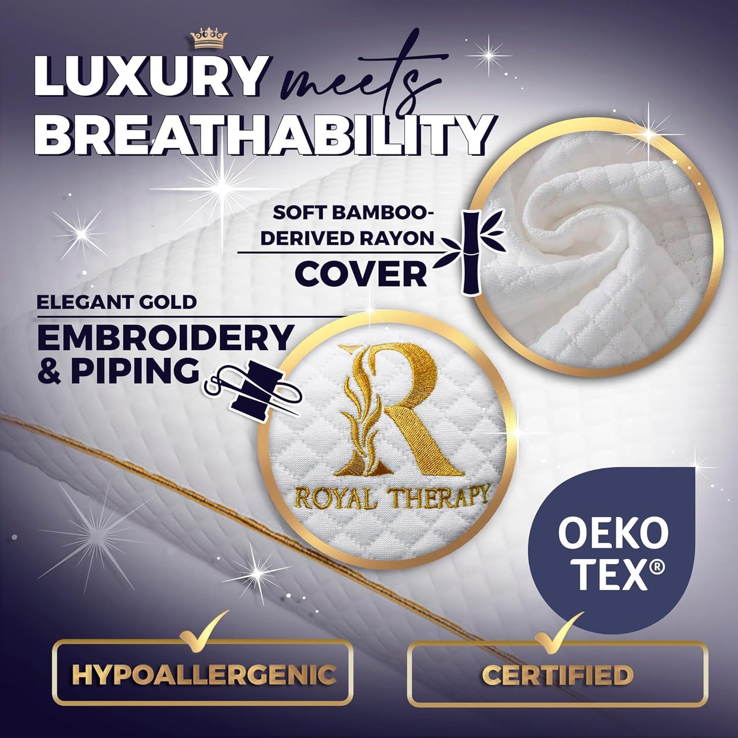 Royal Therapy Queen Memory Foam Pillows 4-Pack - Shredded Memory Foam Pillow for All Sleep Positions - Medium Firm Pillow with Adjustable Loft, Bamboo Rayon Cover, CertiPUR-US, Oeko-TEX Certified
