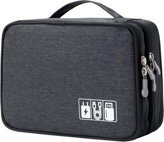 MIRLEWAIY Travel Cords Organizer Case Double-Layer Electronic Accessories Carrying Bag for Charger Cables Adapter USB Sticks Leads Memory Cards, Black