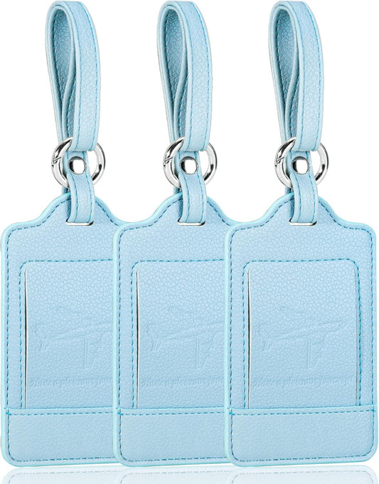 Teskyer Luggage Tags, 3 Pack Premium PU Leather Luggage Tags for Suitcases, Privacy Protection Travel Bag Tags, Lichee Cyan