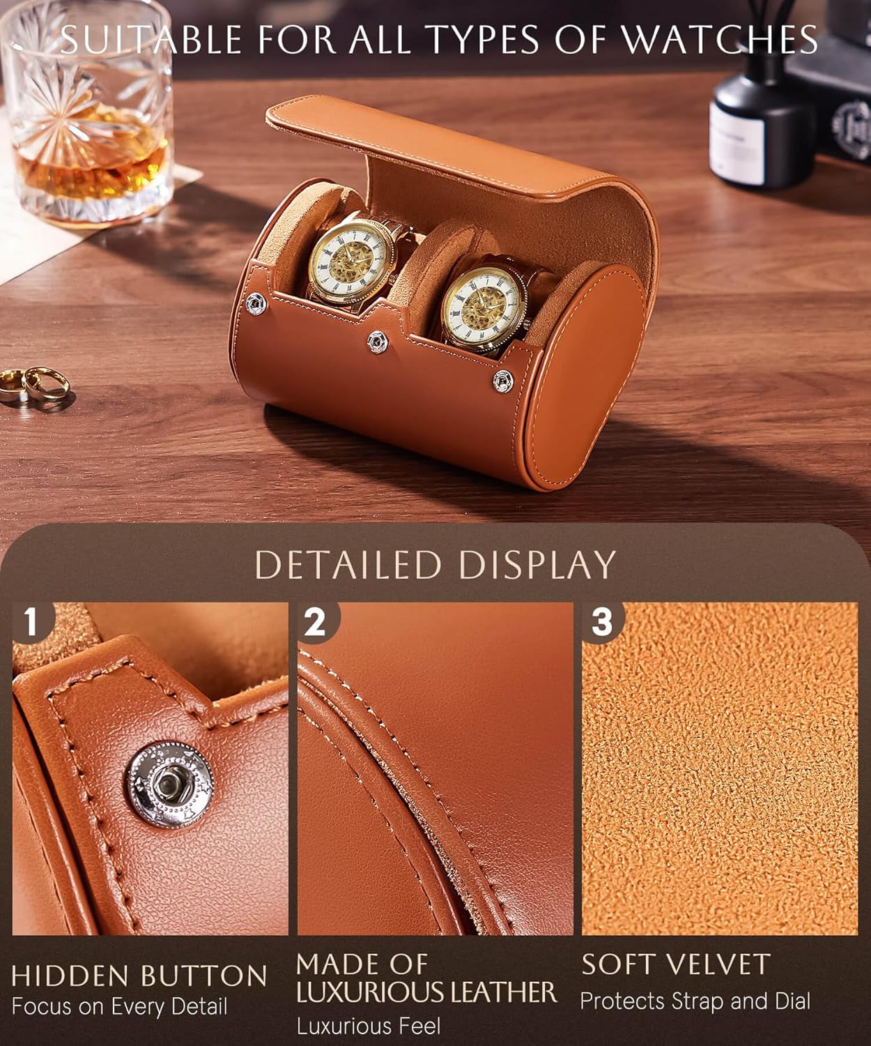 Homde Travel Watch Box Leather: Traveling Case for Men - Luxury Watch Roll for Wristwatch on the Go (brown, M)