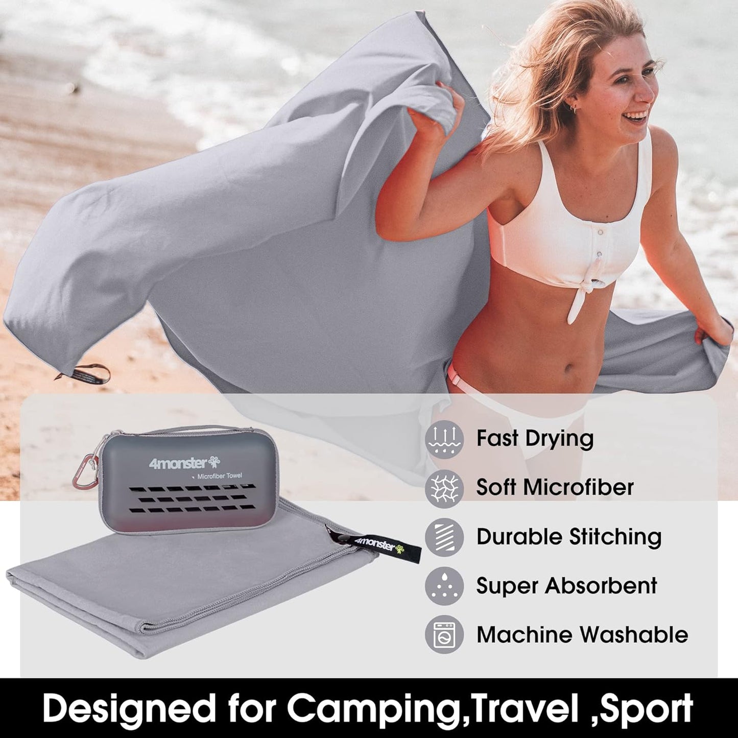 4Monster Camping Towels Super Absorbent, Fast Drying Microfiber Travel Towel, Quick Dry Ultra Soft Compact Gym Towel for Swimming Beach Hiking Yoga Travel Sports Backpack (71.00" x 35.00", Gray)